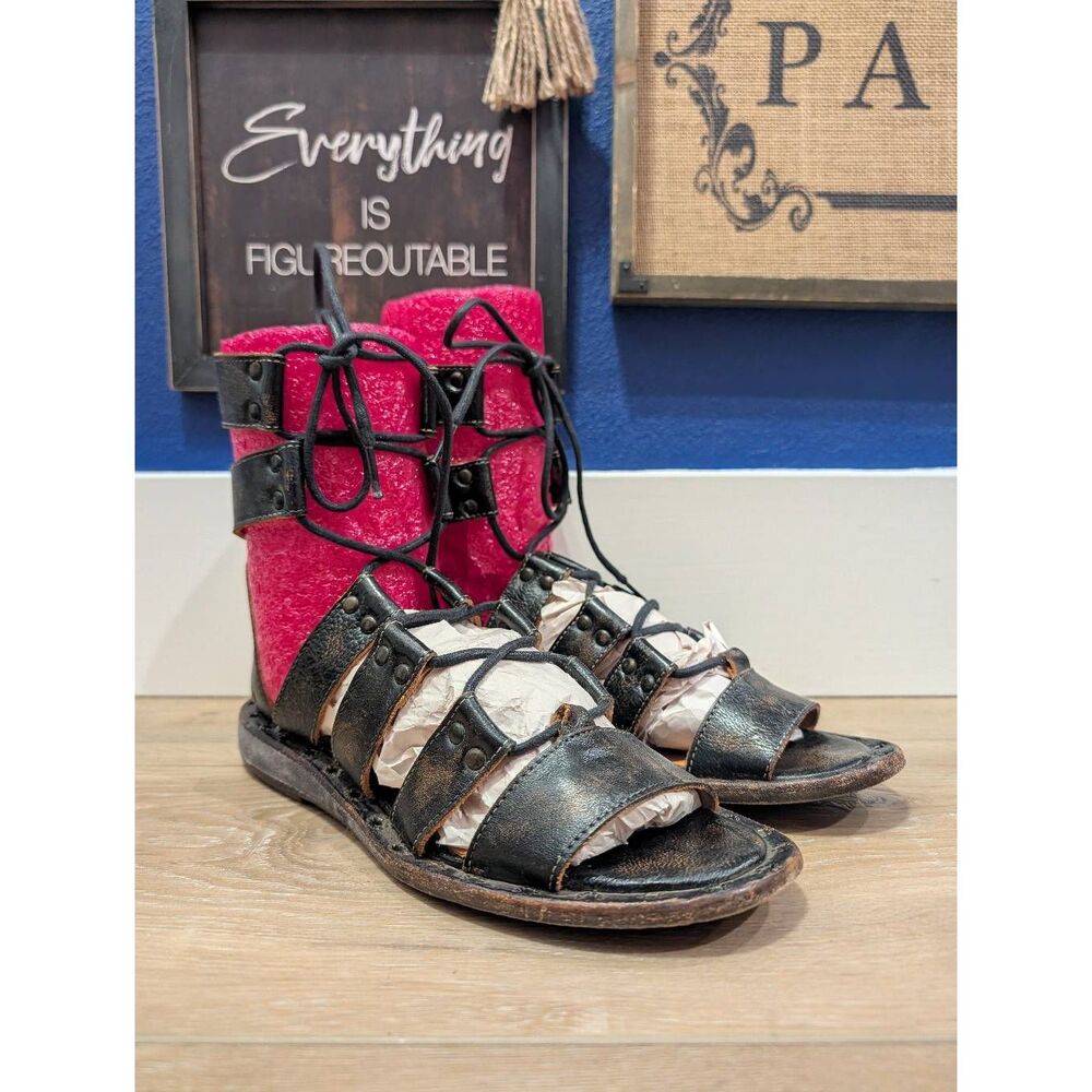 Bed Stu Grevena Gladiator Sandals Black Teak Rustic Leather Womens 9 RARE